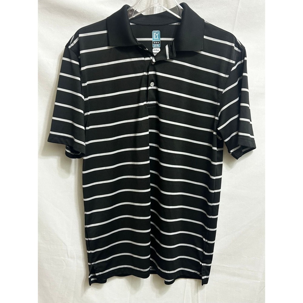 PGA Tour Airflux Mens Medium Black White Striped Golf Polo Shirt‎ Short Sleeve